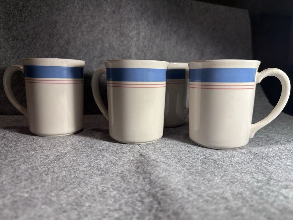 Vintage Corning Colonial Striped Coffee Mugs Set of 4 Blue White Made In USA